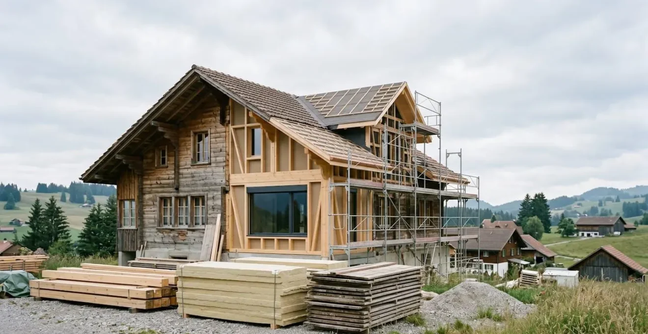 Maison suisse en cours de rénovation majeure avec échafaudages et matériaux de construction