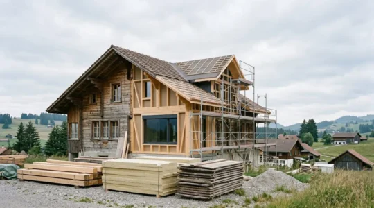 Maison suisse en cours de rénovation majeure avec échafaudages et matériaux de construction