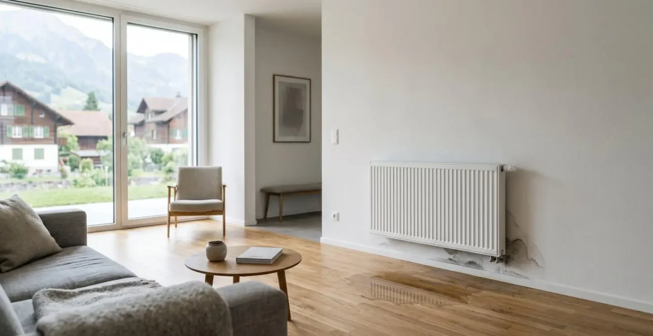 Intérieur d'appartement suisse moderne avec fuite d'eau visible sous un radiateur, lumière naturelle et espace négatif