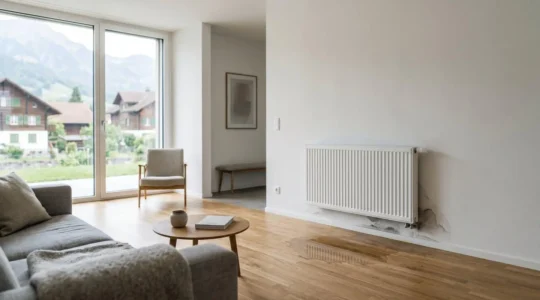 Intérieur d'appartement suisse moderne avec fuite d'eau visible sous un radiateur, lumière naturelle et espace négatif