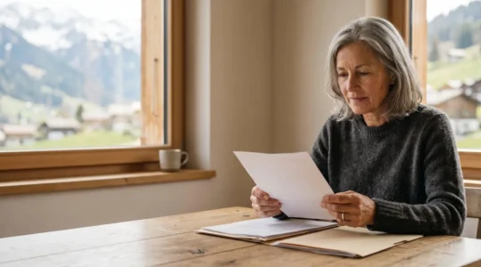 Personne senior consultant attentivement des documents d'assurance dans un environnement calme et lumineux