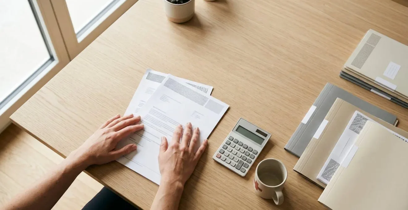 Professionnel analysant des documents d'assurance suisse avec calculatrice et dossiers sur un bureau epure