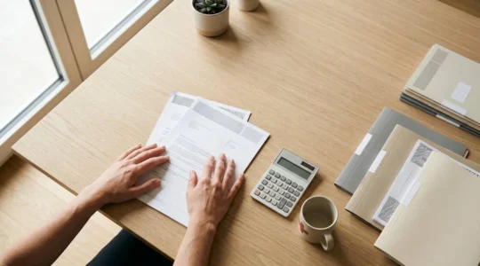 Professionnel analysant des documents d'assurance suisse avec calculatrice et dossiers sur un bureau epure