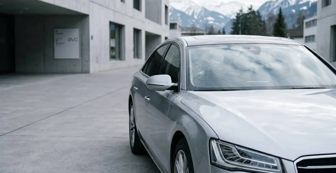 Pare-brise automobile moderne avec impacts et fissures, phares LED et toit en verre visible