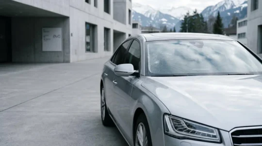 Pare-brise automobile moderne avec impacts et fissures, phares LED et toit en verre visible