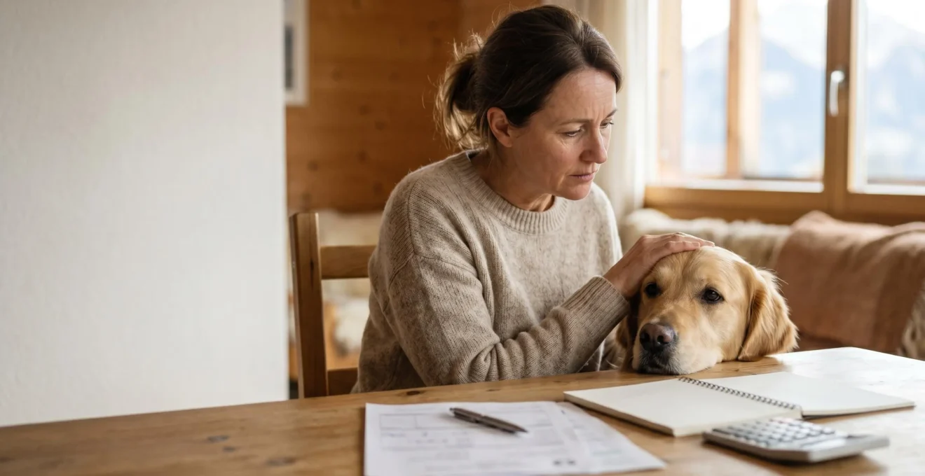 Propriétaire regardant avec inquiétude une facture vétérinaire pour son chien en Suisse