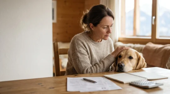 Propriétaire regardant avec inquiétude une facture vétérinaire pour son chien en Suisse