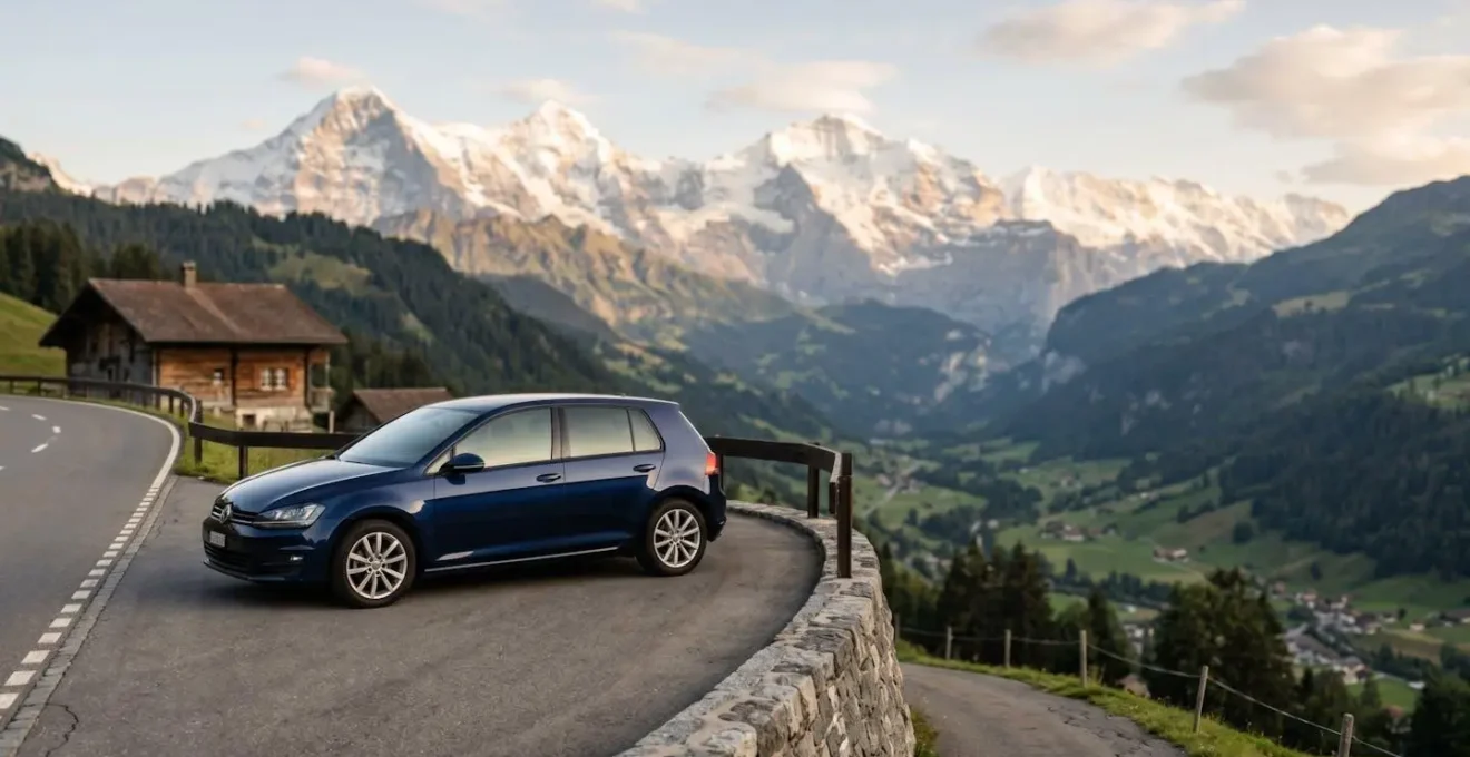 Voiture d'occasion garée dans un environnement alpin suisse avec paysage montagneux en arrière-plan
