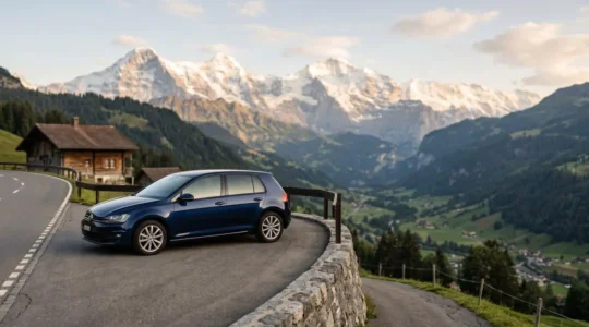 Voiture d'occasion garée dans un environnement alpin suisse avec paysage montagneux en arrière-plan