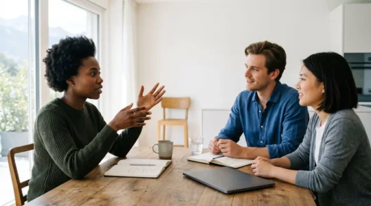 Jeunes colocataires discutant ensemble dans un appartement moderne en Suisse, symbolisant la collaboration et la responsabilite partagee