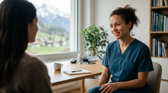 Patient consultant un médecin spécialiste dans un environnement médical suisse moderne