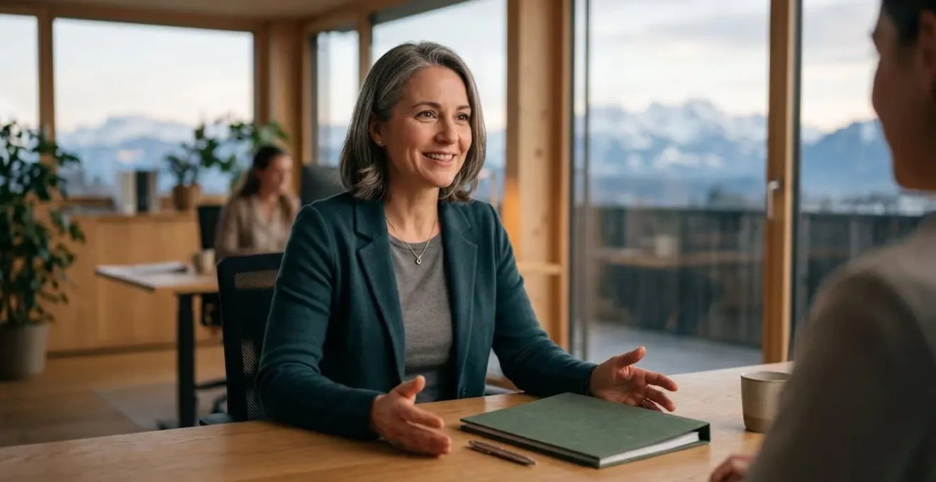 Professionnel consultant des documents d'assurance dans un bureau moderne avec vue sur paysage suisse