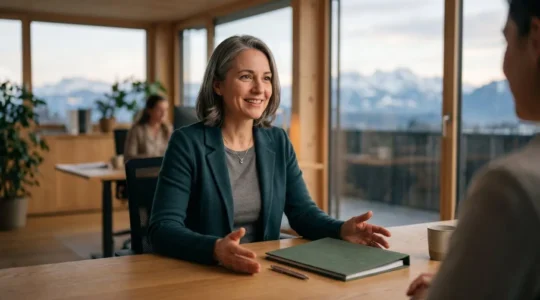 Professionnel consultant des documents d'assurance dans un bureau moderne avec vue sur paysage suisse