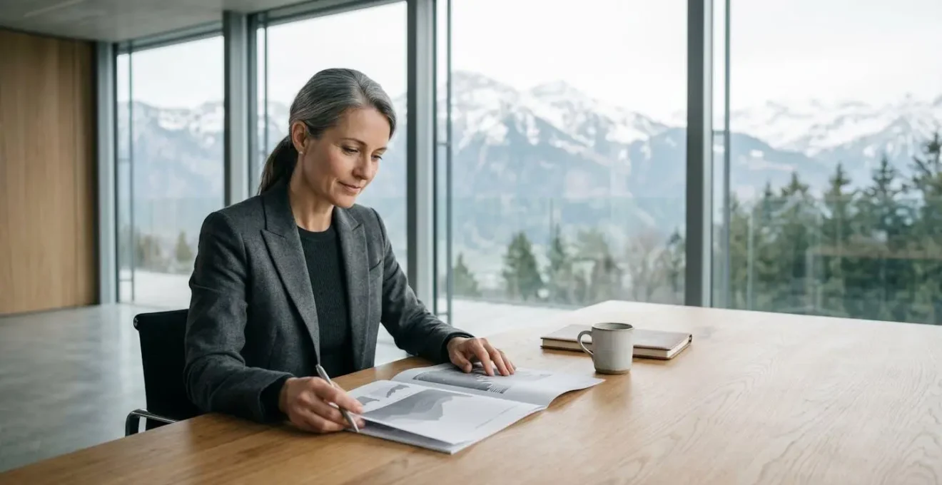 Entrepreneur consultant des documents financiers dans un bureau moderne avec vue sur les Alpes suisses