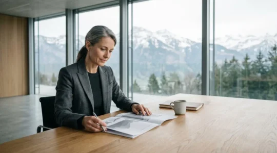 Entrepreneur consultant des documents financiers dans un bureau moderne avec vue sur les Alpes suisses