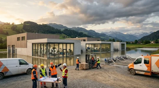 Environnement industriel après sinistre nécessitant reconstruction et maintien des activités