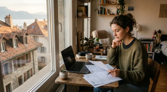Étudiant évaluant ses options d'assurance pour son studio à Lausanne