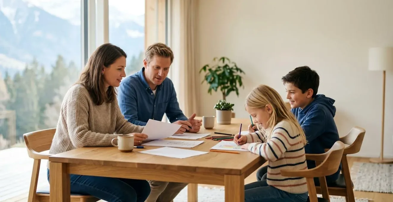 Famille de quatre personnes discutant paisiblement autour d'une table en bois dans un intérieur suisse lumineux