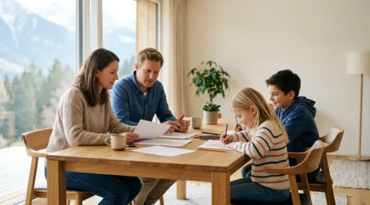 Famille de quatre personnes discutant paisiblement autour d'une table en bois dans un intérieur suisse lumineux