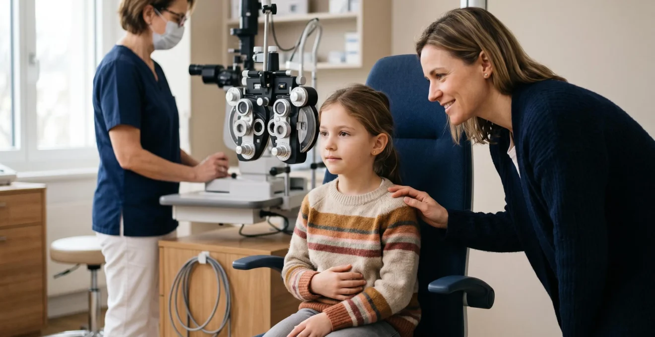 Parent et enfant lors d'une consultation chez l'ophtalmologue pour un examen de la vue