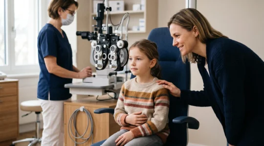 Parent et enfant lors d'une consultation chez l'ophtalmologue pour un examen de la vue