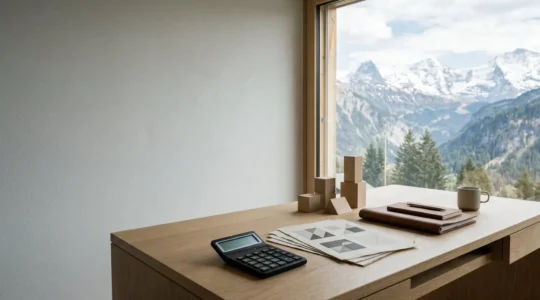 Vue d'ensemble d'un espace de planification financière avec des éléments évoquant la fiscalité et la prévoyance en Suisse