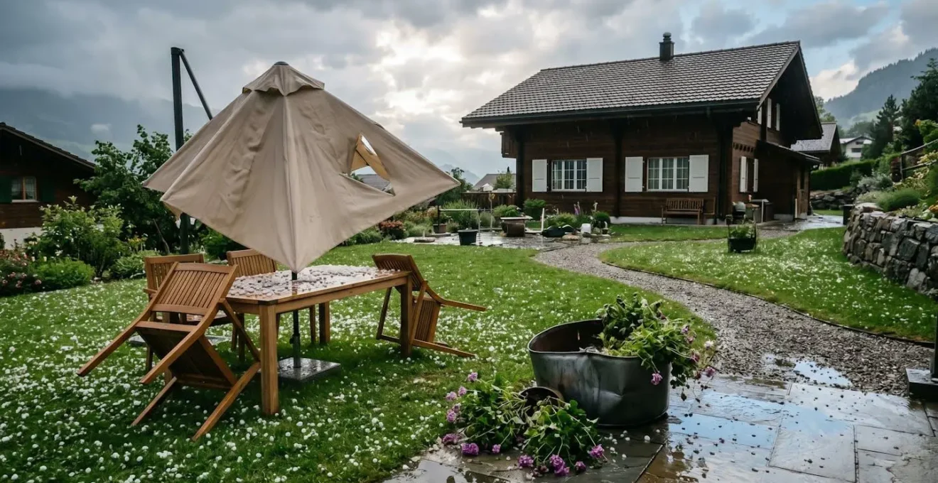 Jardin résidentiel suisse après une tempête de grêle avec dégâts visibles aux aménagements extérieurs