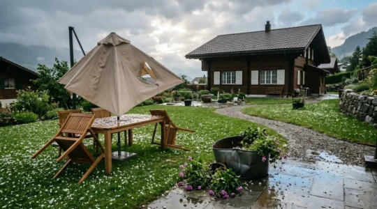 Jardin résidentiel suisse après une tempête de grêle avec dégâts visibles aux aménagements extérieurs