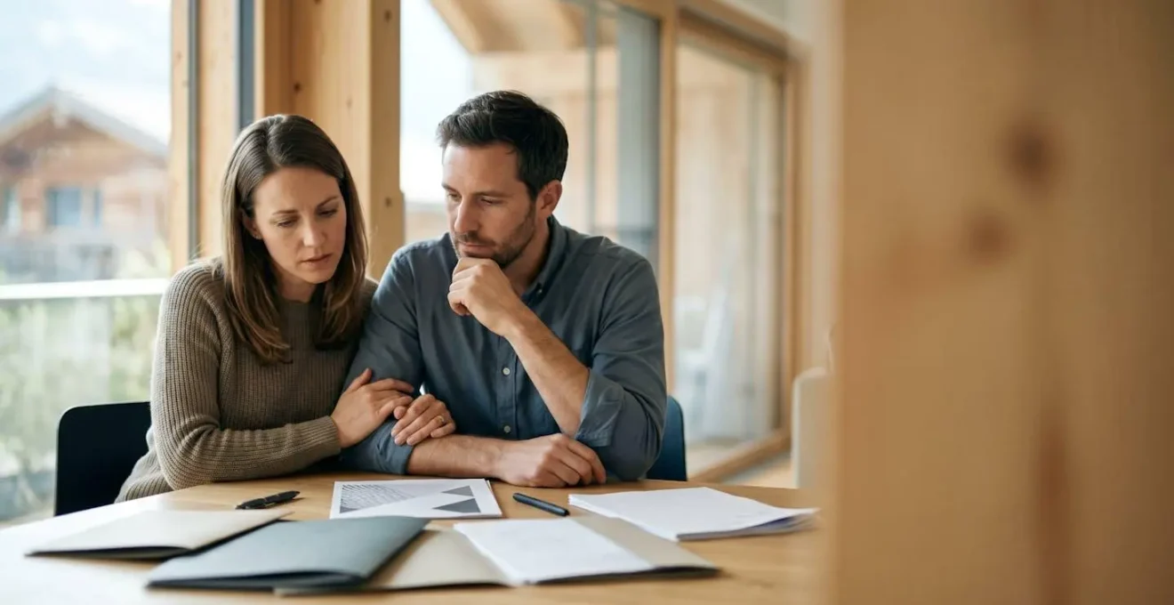 Couple suisse contemplant avec inquiétude leurs documents de prévoyance dans un intérieur alpin contemporain