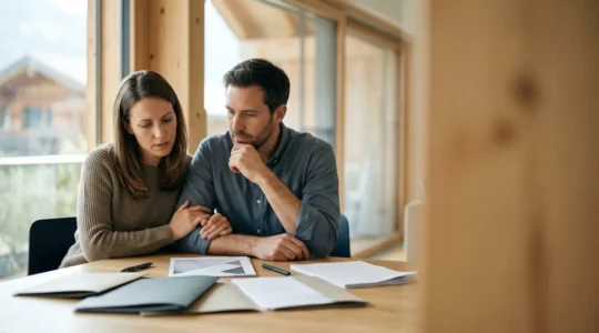 Couple suisse contemplant avec inquiétude leurs documents de prévoyance dans un intérieur alpin contemporain