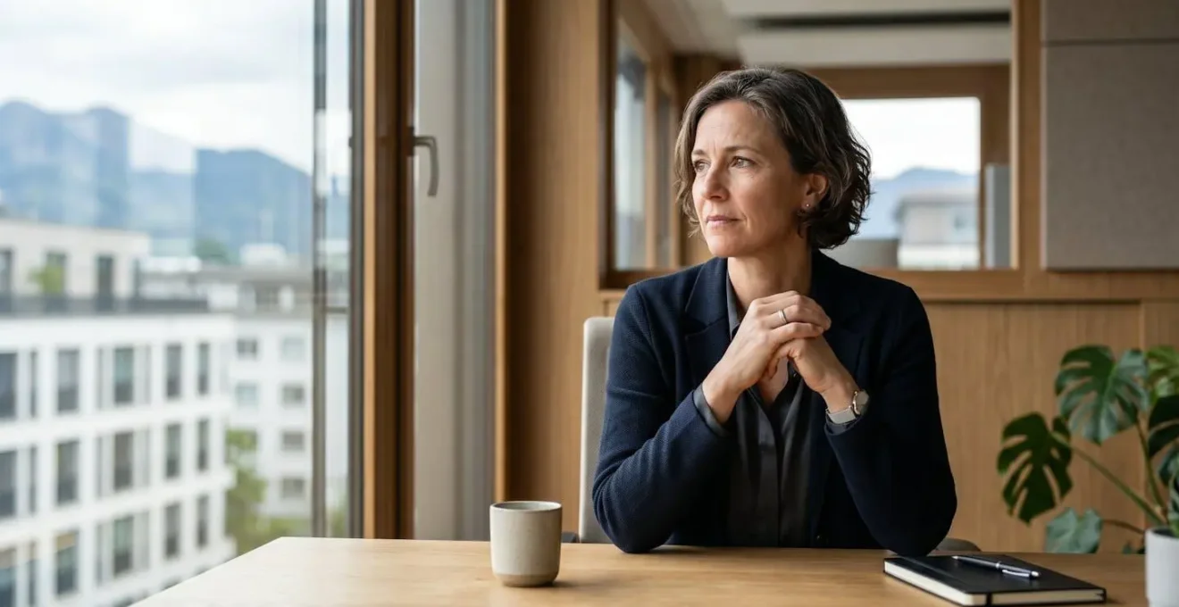 Chef d'entreprise suisse réfléchissant devant documents légaux complexes dans bureau moderne avec drapeau suisse subtil en arrière-plan