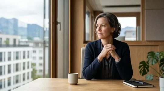 Chef d'entreprise suisse réfléchissant devant documents légaux complexes dans bureau moderne avec drapeau suisse subtil en arrière-plan