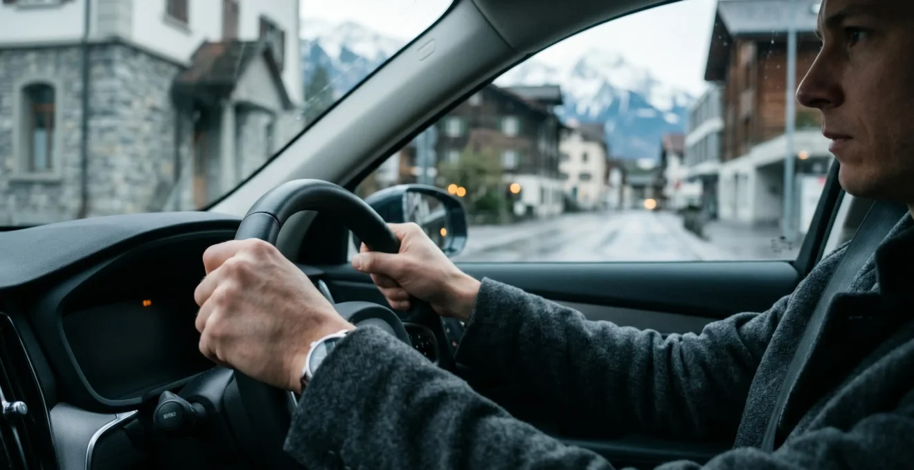 Conducteur concentré au volant d'un véhicule dans un environnement urbain suisse avec éléments graphiques symbolisant la protection et la sécurité financière