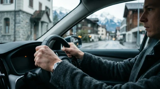 Conducteur concentré au volant d'un véhicule dans un environnement urbain suisse avec éléments graphiques symbolisant la protection et la sécurité financière