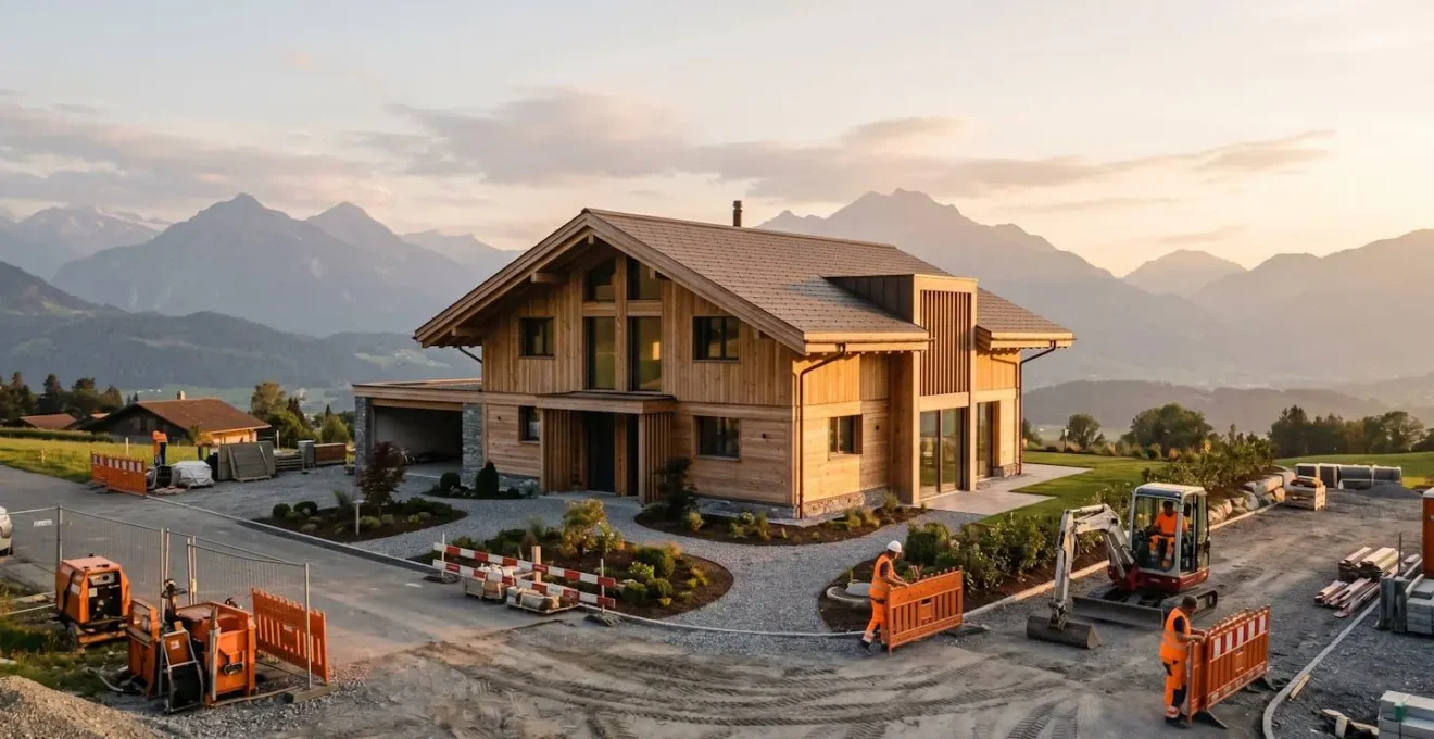 Chantier de construction suisse avec une nouvelle maison en phase de finition, symbolisant la période de garantie post-livraison