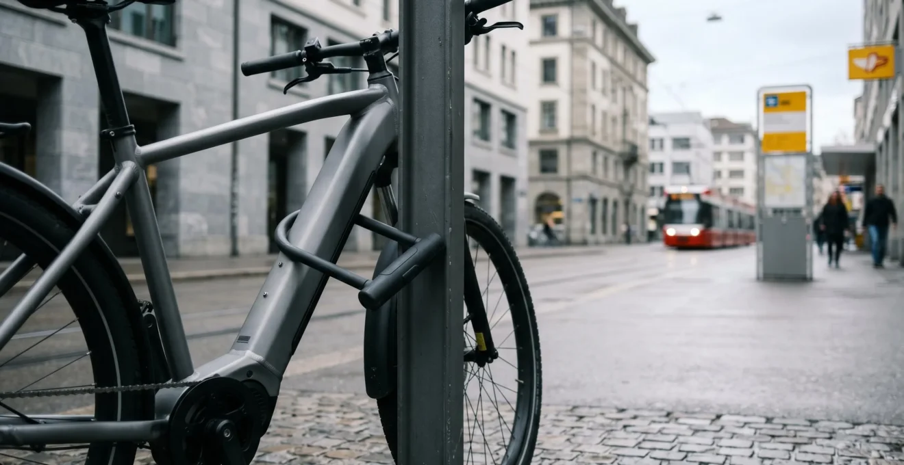 Vélo électrique sécurisé avec cadenas robuste en environnement urbain suisse
