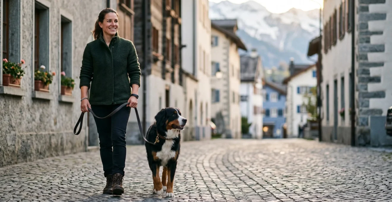 Propriétaire responsable avec son chien dans un environnement urbain suisse, illustrant la protection et la responsabilité légale