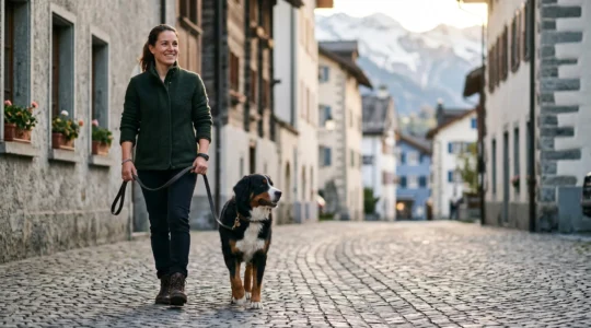 Propriétaire responsable avec son chien dans un environnement urbain suisse, illustrant la protection et la responsabilité légale