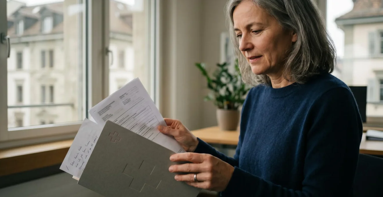 Personne consultant son dossier médical avec des documents administratifs suisses, illustrant les complexités de la couverture LAMal pour les soins dentaires