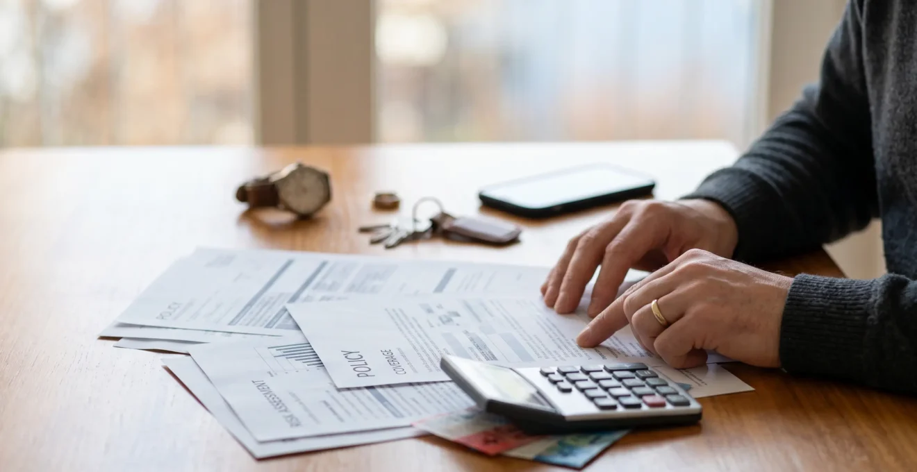 Gros plan d'une main tenant des documents d'assurance et une calculatrice sur un bureau avec des objets de valeur flous en arrière-plan