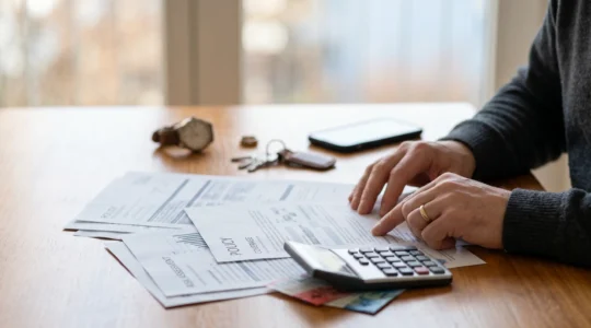Gros plan d'une main tenant des documents d'assurance et une calculatrice sur un bureau avec des objets de valeur flous en arrière-plan