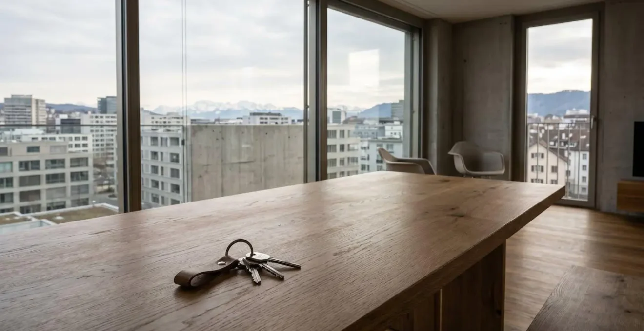 Appartement moderne suisse avec clés posées sur table devant fenêtre montrant paysage urbain helvétique