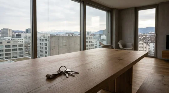 Appartement moderne suisse avec clés posées sur table devant fenêtre montrant paysage urbain helvétique