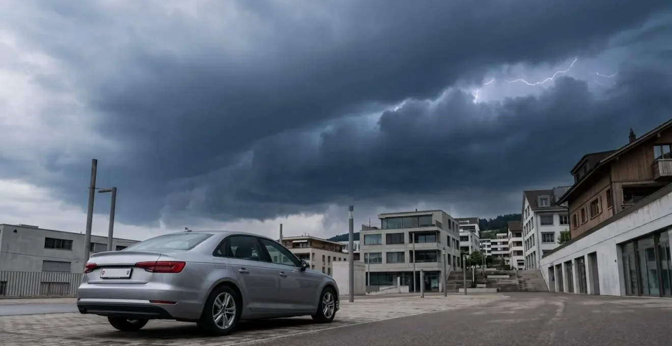 Voiture moderne stationnée à l'extérieur sous un ciel menaçant avec des nuages d'orage en Suisse
