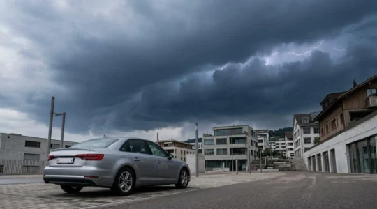 Voiture moderne stationnée à l'extérieur sous un ciel menaçant avec des nuages d'orage en Suisse